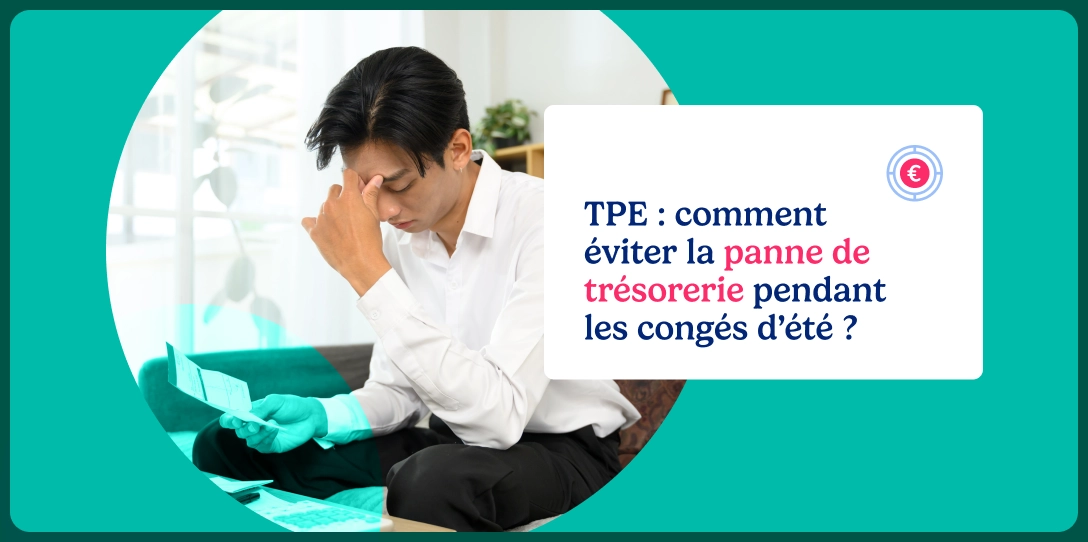 Un dirigeant de TPE, préoccupé, examine ses factures : mise en scène du risque de panne de trésorerie pendant les congés d’été